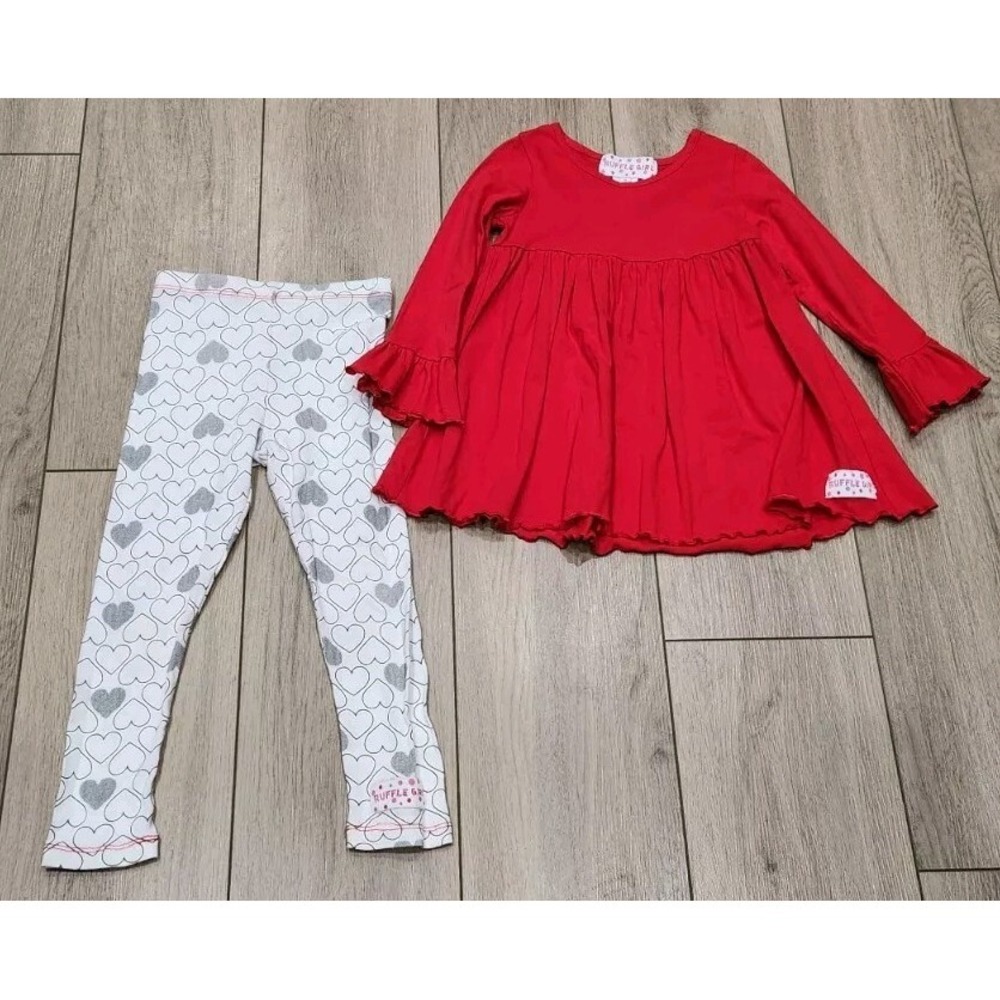 Girls Pattern Legging Set Valentine's Day Outfit Red Hearts Size 4 Ruffle‎ Girl